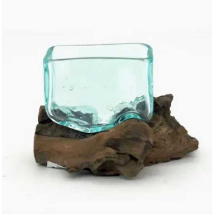 Hand-Blown Molten Glass Rectangular Bowl Vase On Natural Wood Root 10cm