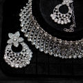 White Gold Plated AD Setting Floral Upper Hole Choker Set With Earring & Bindi. 