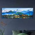 Single Panel Panoramic Machhapuchre Range Fewa Lake Painting Matte Canvas Cotton Print| Fewa Lake | Pokhara | HQ | L | 12 inch X 36 inch | Tightly Wrapped In Wooden Frame | Not stickers or No Forex Board. 