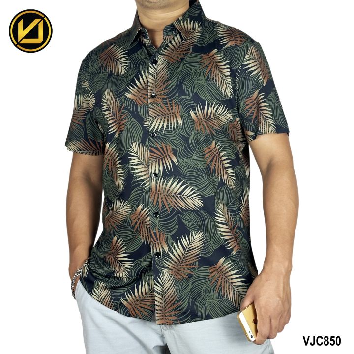 VIRJEANS (VJC850) Silk Stretchable Summer Shirt For Men - ( Leaf Print Silk Half Shirt ) Black Mix