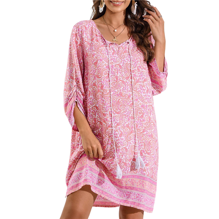 Women Casual Beach Summer Dress Boho Tassel Tie Neck 3/4 Long Sleeve Short  Floral Print Flowy Cover Up Sundresses Pink L | Daraz.com.np