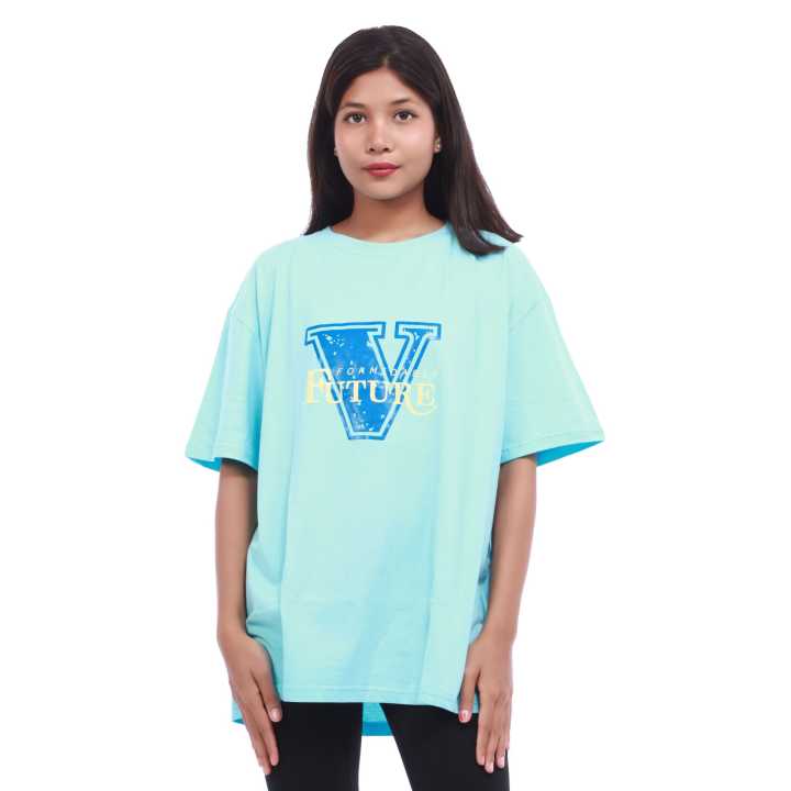 Sky Blue Cotton Round Neck Half Sleeves V Future Printed T-Shirt For Women