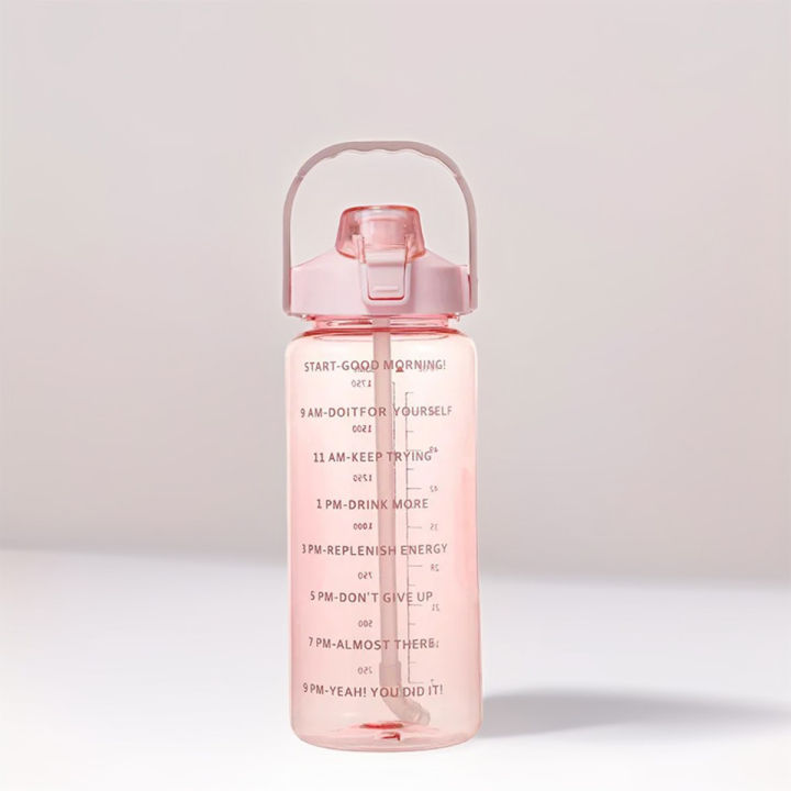 2 Liter Sports Straw Water Bottle with Stickers Portable Large Capacity Fitness Bike Cup Summer Ice Cold Water Jug with Time Marker