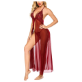 Fancyra Elegant Lace Lingerie Set with High Split Maxi Dress and G String Panty, Free Size Wine Red. 