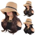Casual Sun Protection Summer Straw Sun Hat Wig Breathable Foldable Fisherman Hat with Built-in Wig Wide Brim Hairpiece Long Wavy Curly Hair Vacation Accessory. 