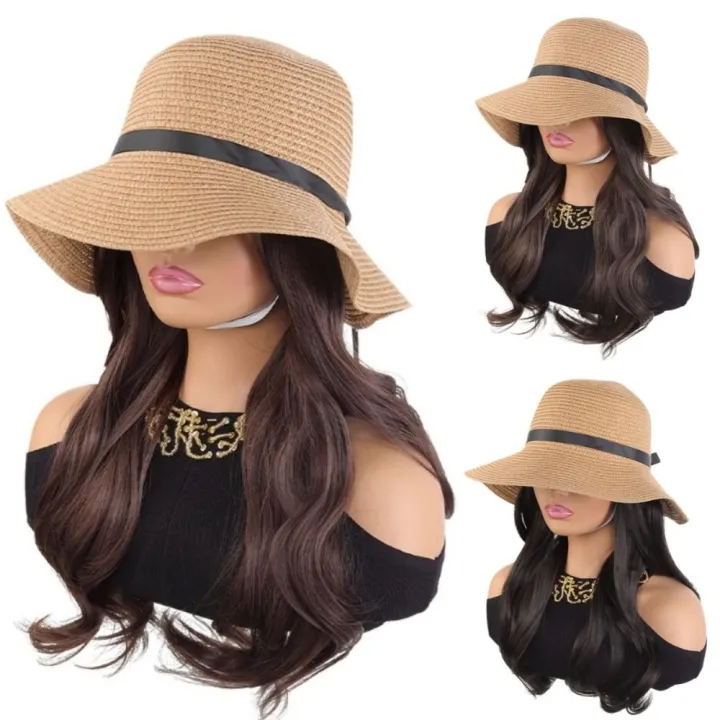Casual%20Sun%20Protection%20Summer%20Straw%20Sun%20Hat%20Wig%20Breathable%20Foldable%20Fisherman%20Hat%20with%20Built-in%20Wig%20Wide%20Brim%20Hairpiece%20Long%20Wavy%20Curly%20Hair%20Vacation%20Accessory%20-%20Image%203