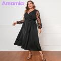 【2025 Version】 Plus Size Women Dress Stunning V-neck Embroidered Lace Midi Dress with Belt Elegant High Waist Wrap Gown for Women Wrap Dress with V-neck. 