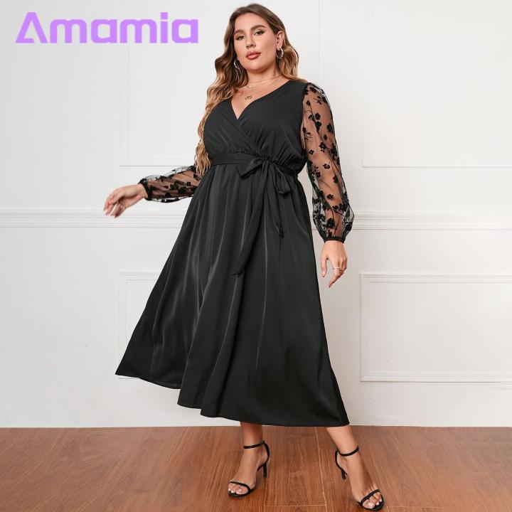 【2025 Version】 Plus Size Women Dress Stunning V-neck Embroidered Lace Midi Dress with Belt Elegant High Waist Wrap Gown for Women Wrap Dress with V-neck