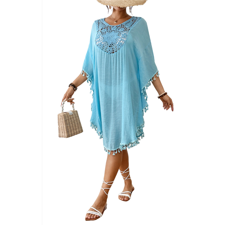Tassel Swimsuit Cover Up Dress for Women Bohemian Bathing Suit Coverups Batwing Hollow Out Crochet Beach Outfits