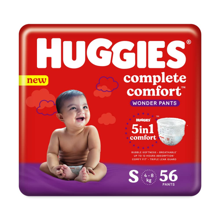 Huggies Wonder Pants (S) 56 pcs Size (4-8 Kgs) Baby Diaper Pants| Complete Comfort India's Fastest Absorbing Diaper with upto 4x faster absorption