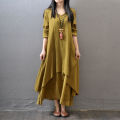 2023 Spring and Autumn New Fake Two-piece Long Dress Artistic Large Swing Linen Dress Loose Long-sleeved Cotton Linen Dress. 