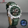 NaviForce NF9208 Men's Dual Display LCD Leather Strap Complete Calendar Wristwatch -Silver/Green. 