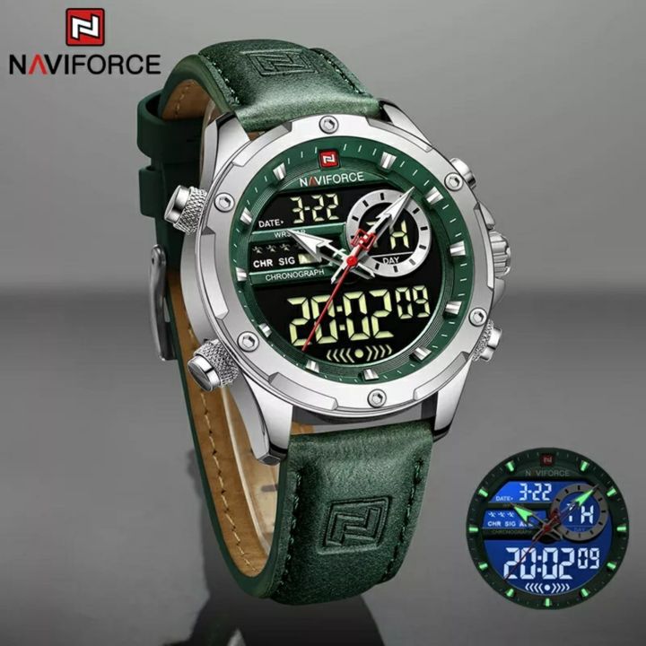 NaviForce%20NF9208%20Men's%20Dual%20Display%20LCD%20Leather%20Strap%20Complete%20Calendar%20Wristwatch%20-Silver/Green%20-%20Image%204
