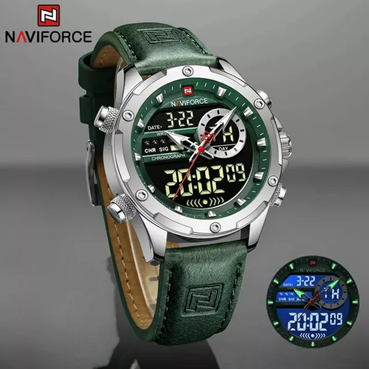 NaviForce%20NF9208%20Men's%20Dual%20Display%20LCD%20Leather%20Strap%20Complete%20Calendar%20Wristwatch%20-Silver/Green%20-%20Image%204