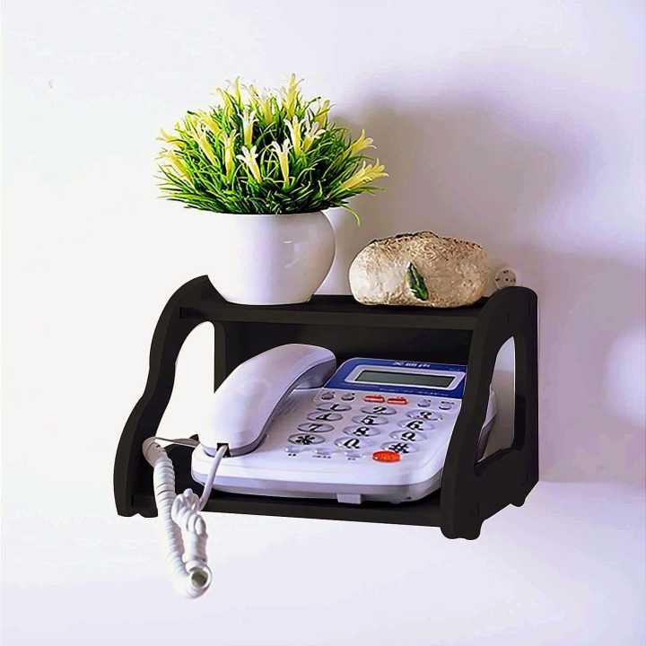 Multi Purpose Router Or Telephone Holder Wooden Stand Double Shelf in Brown