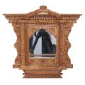 Brown Wooden Carved Window With A Mirror For Decor. 