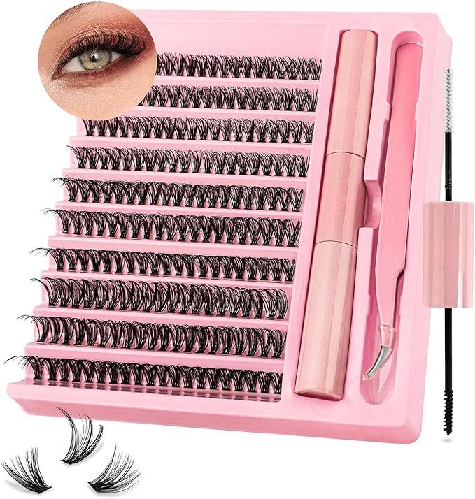 DIY Lash Extension Kit, Individual Lashes with Lash Glue Bond and Seal, 200 Cluster Lashes 8~16mm Natural Look Lash Clusters False Eyelash Extension Kit (40D KIT)