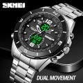 SKMEI 1670 Men's Double Movement Chronograph Waterproof Stainless Steel Multifunction Watch - Silver. 