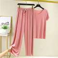 Ice Silk Pamas Women Summer Two-piece Set V-Neck Short sleeve T-shirt Thin Homewear loose Wide-Leg Pants. 