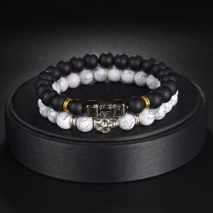 Mini Born Gothic Skull Bracelet For Men Women Natural Stone BeadPortable s Bracelets barbell Boy Biker Cool Wristband Gift kpop
