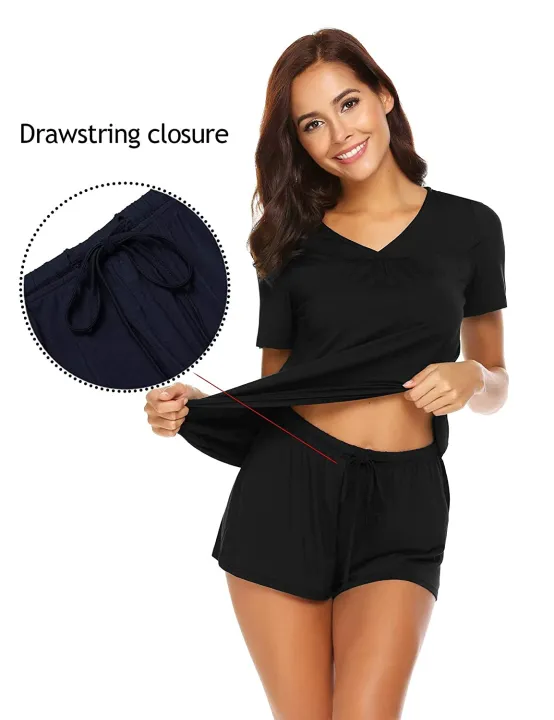 Women%20Shorts%20Pajama%20Set%20Short%20Sleeve%20Sleepwear%20Nightwear%20Free%20Size%20Black%20Color%20-%20Image%206