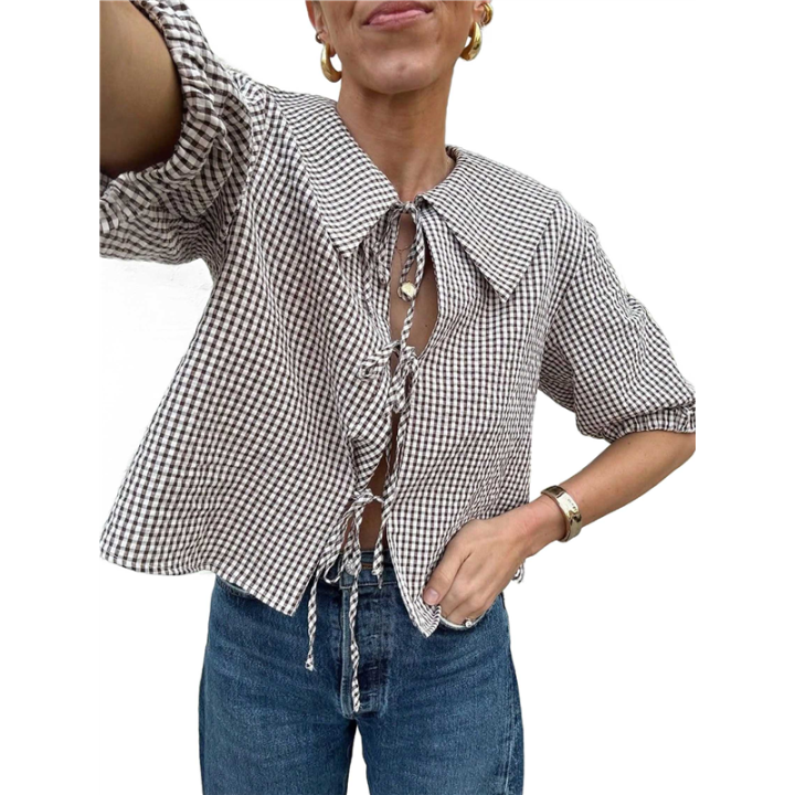 Tie Front Tops Womens Y2k Leopard Print Peplum Babydoll /4 Length Puff Sleeve Cute Going Out Tops