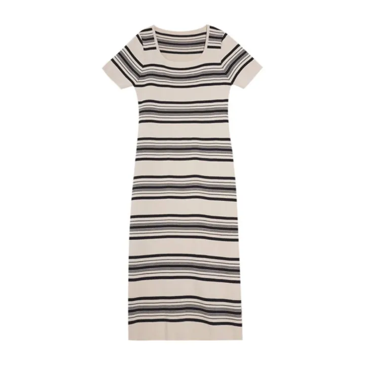 Sweet%20Square%20Neck%20Stripe%20Long%20Dress%20Slim%20Fit%20Beachwear%20Short%20Sleeve%20Dresses%20Simple%20Spicy%20Girl%20Stripe%20Knitted%20Dress%20Summer%20-%20Image%209