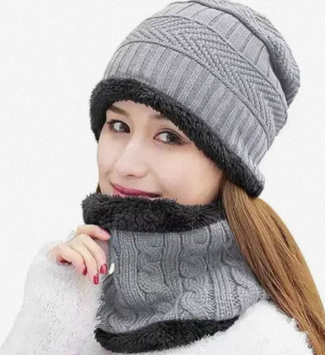 Winter Beanie Hat Scarf Set Warm Knit Hat Thick Fleece Lined Skull