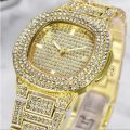 Fashionable Golden Quartz Iced Watch For Unisex. 