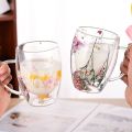 With Handle Heat Resistant Dry Flowers Cup High Borosilicate Glass Simple Double Wall Glass Cup INS Trends Floral Tea Coffee Cups Creative Gift. 