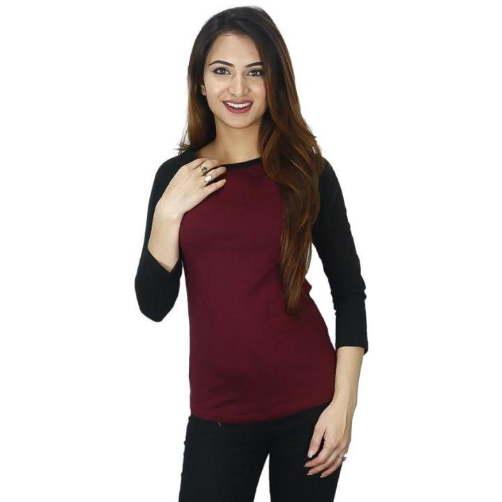 Women's Baseball T-Shirt Short Sleeve Loose Fit Casual Crew Neck Top in Black Or Maroon