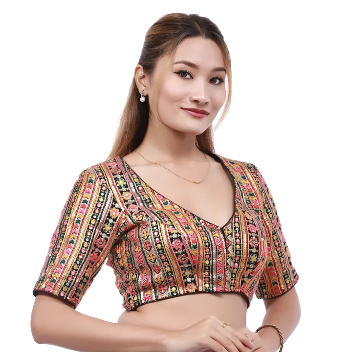 Multicolor%20V-%20Neck%20Quarter%20Sleeve%20Floral%20Embroidred%20Back%20Zippered%20Design%20Readymade%20Blouse%20For%20Women%20-%20Image%203