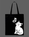 Cute Cat & Butterfly Printed Tote Bag – Minimalist Animal Design Printed Tote Bag | Black, White. 