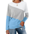 Women'S Color Block Tops Casual Long Sleeve Tunic Round Neck Pullover Shirts White & Blue L. 
