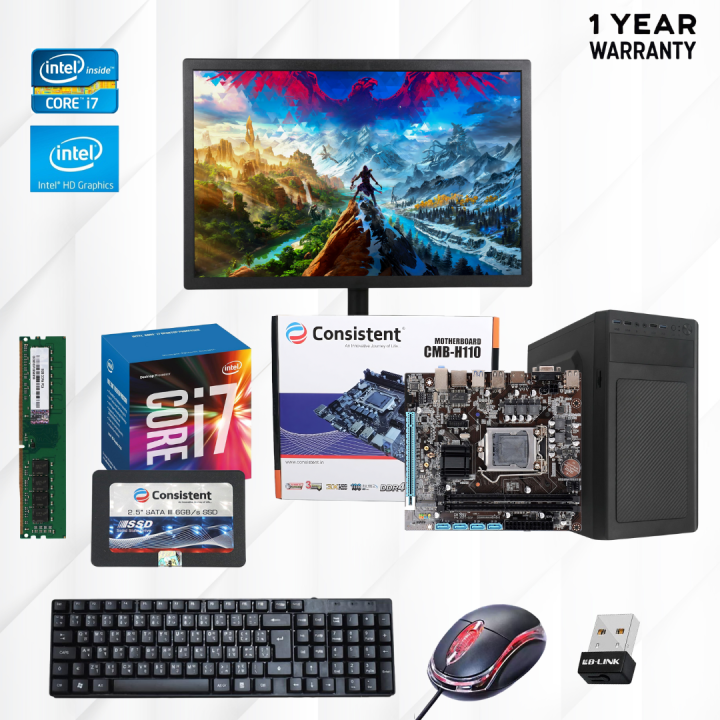 Desktop Set with Intel Core i7 6th Generation, 8GB Ram, 256GB SSD, Intel Integrated Graphics, 19" Consistent HD Monitor, keyboard and Mouse and Wifi Dongle/Ethernet Cable