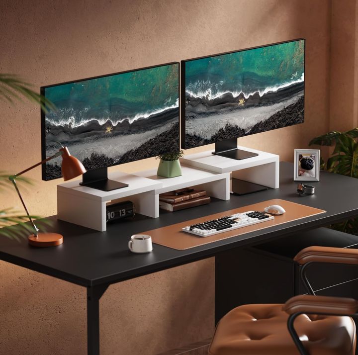 Kamakhya Shopping  Adjustable Dual Monitor Riser - Desktop Stand With Storage for Laptops, TVs, PCs and Printers - White