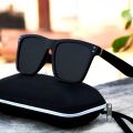 New Fashionable Square Black Lens Sunglasses with Carbon Fiber Frame for Men - Elegant Eyewear with Free Chain Cover. 