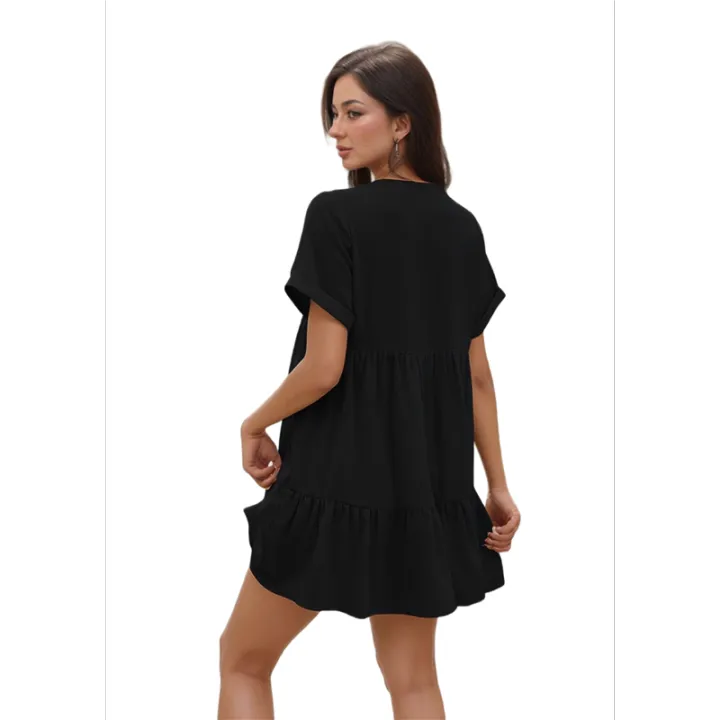 Women'S Short Sleeve V Neck Ruffle Hem Solid Swing Smock Dress Casual ...