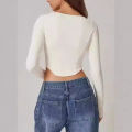 Cross-border European and American T-shirts, female hotties, long-sleeved short skinny tops, sexy waistless milk silk base shirts, high-end sense. 