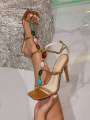 Womens Gold High Heel Sandals, Elegant Beaded Strap Party/Evening Shoes With Pointed Toe And Thin Heels. 