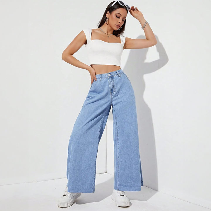 Light%20Blue%20High%20Waist%20Non%20Stretch%20Plain%20Parallel%20Jeans%20for%20Women%20Fashionable%20Women's%20Wear%20-%20Image%203