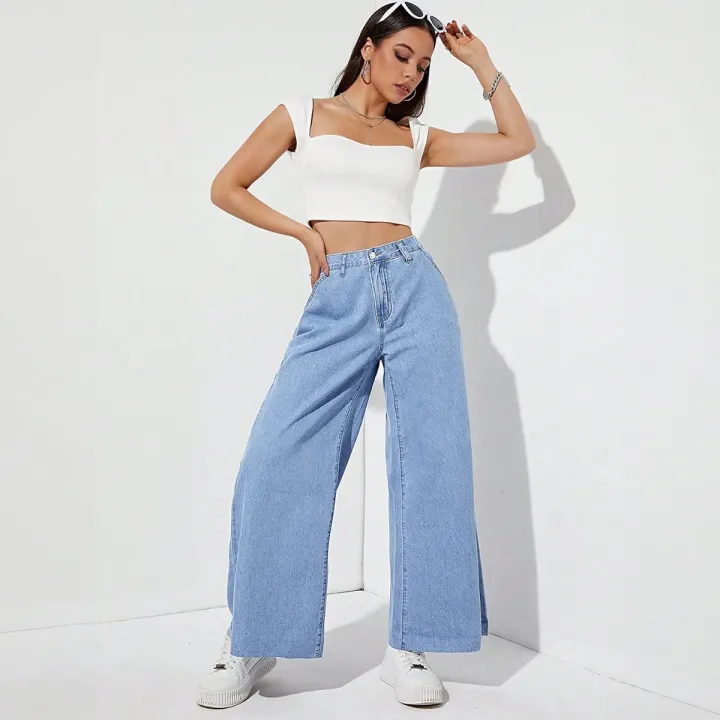 Light%20Blue%20High%20Waist%20Non%20Stretch%20Plain%20Parallel%20Jeans%20for%20Women%20Fashionable%20Women's%20Wear%20-%20Image%203