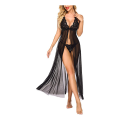 Fancyra Sexy Lingerie Lace Babydoll High Split Maxi Long Gown  Dress With G String Panty Free Size Black Color. 