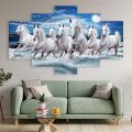 5 Panel 7 White Horse Blue Background Animal Canvas Wall Art with Wooden Frame by Shriniti. 