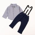 2-Piece Baby Boy Check Shirt with Bow Tie and Striped Suspender Pants Set - Ash. 