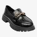 Black Color Buckle Design Shining Loafer Shoes For Women. 