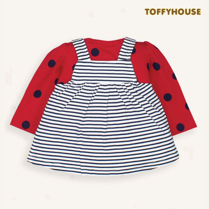 Babyhug Cotton Knit Floral Embroidered Frock & Half Sleeves Inner Tee With Polka Dot Print & Bow Applique - Yellow & White