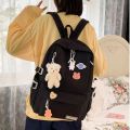 Bear Pendant Solid Color Backpack Cute Badge Large Capacity Shoulder Bag Handbag Students School Bag Students. 