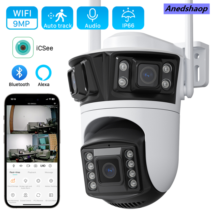 Anedshaop 6K 12MP HD Three Screen WIFI IP Camera Outdoor Three Lens Camera New style>New style 6MP Ai Human Detection iCsee App CCTV Video Security Camera