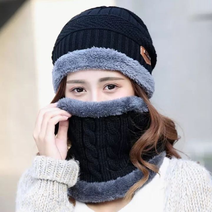 Unisex Woolen Beanie Cap Plus Muffler Scarf Set For Men Women Girl Boy